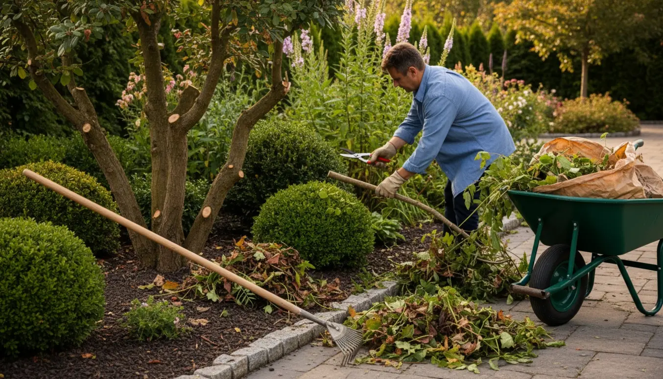 En haveejer trimmer buske og fjerner blade og ukrudt fra bunden af en hjørnebeplantning med rive og trillebør.