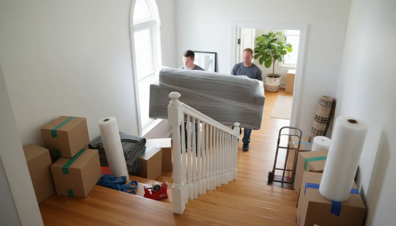 Flyttefolk bærer en indpakket sofa op ad en opgang og stabler kasser og flytteudstyr på reposen foran en lejlighed på fjerde sal.