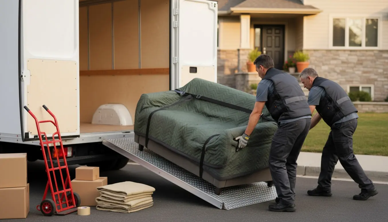 En sofa løftes og pakkes ind i en flyttebil på en rolig forstadsvej i blødt eftermiddagslys.