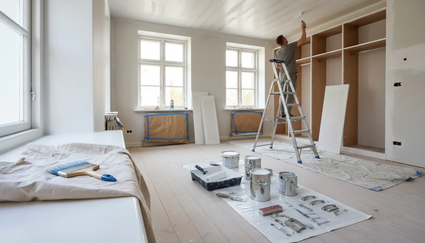 Rum under renovering med malerarbejde, delvist nedtaget skab og lappede væghuller.