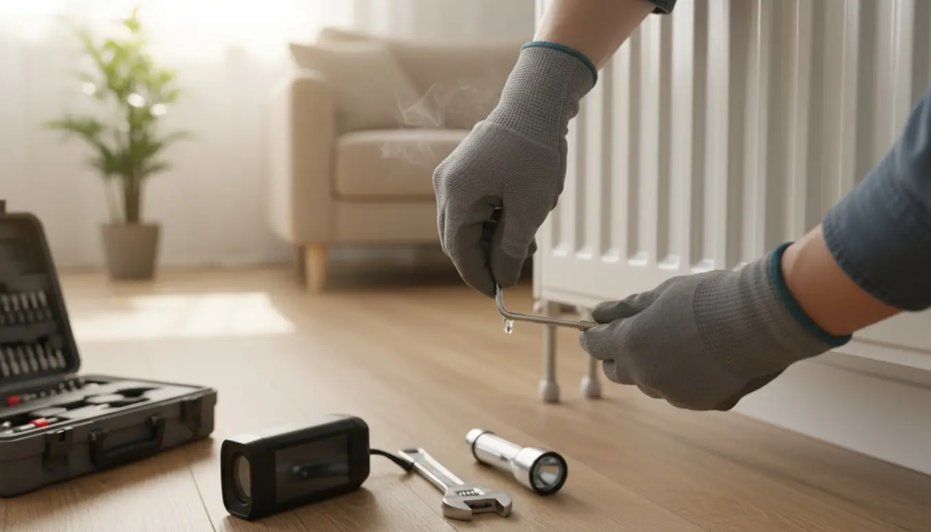 Hænder udlufter en radiator med en udluftningsnøgle og værktøj på gulvet.