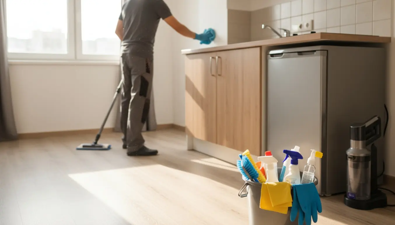 Rengøringsassistent i uniform rengør en tom 22 m² lejlighed med moppe og klud, set bagfra i naturligt lys.