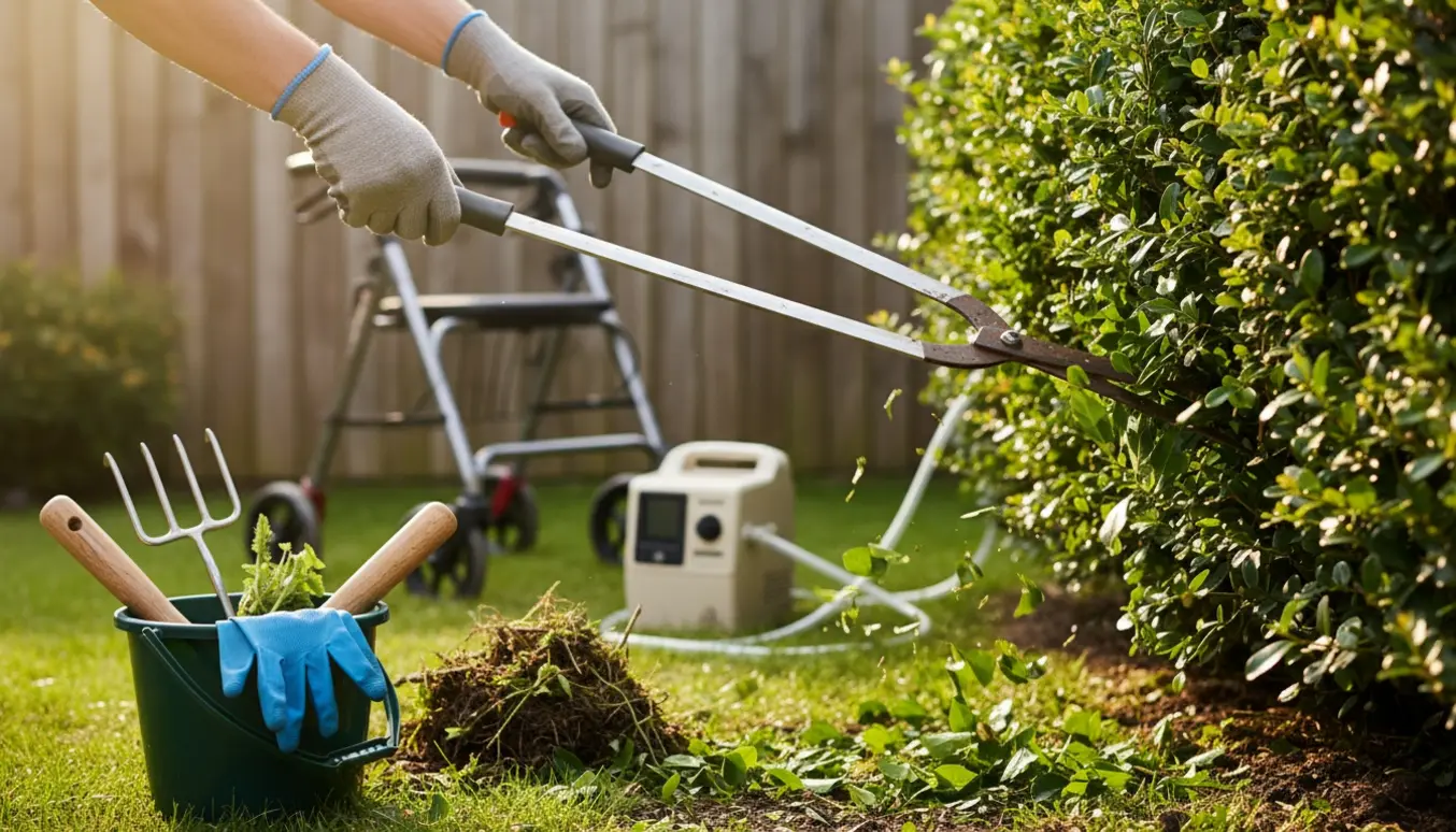 Nærbillede af handskerede hænder, der klipper hæk og fjerner ukrudt med rullator og iltudstyr i baggrunden.