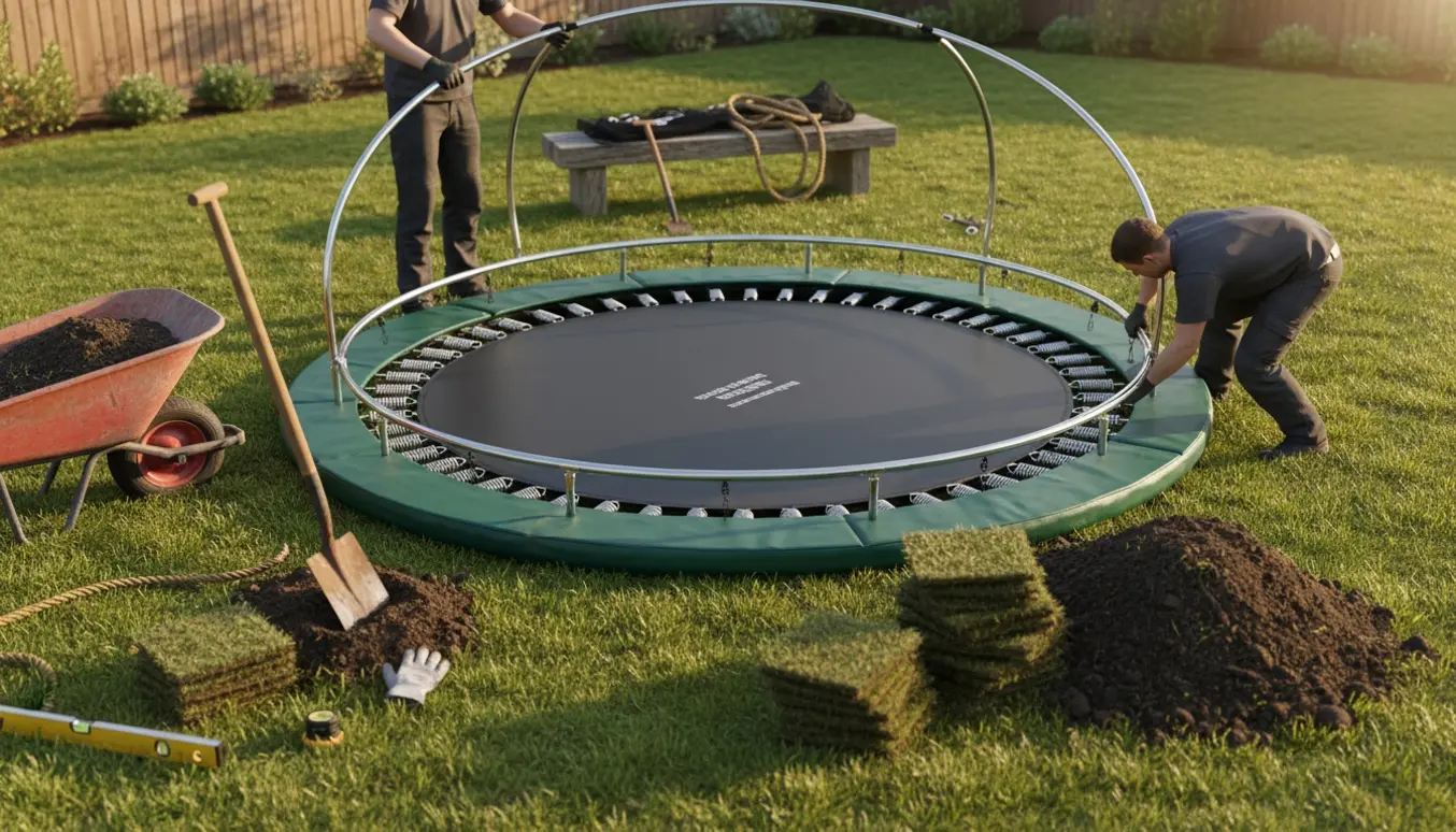 Halvfærdigt nedgravet trampolin i baghave med skovl og trillebør ved siden af, uden tydelige ansigter.