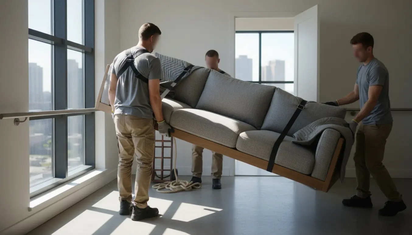 Flyttemænd bærer en sofa op ad en lys trappeopgang med tæpper og stropper.