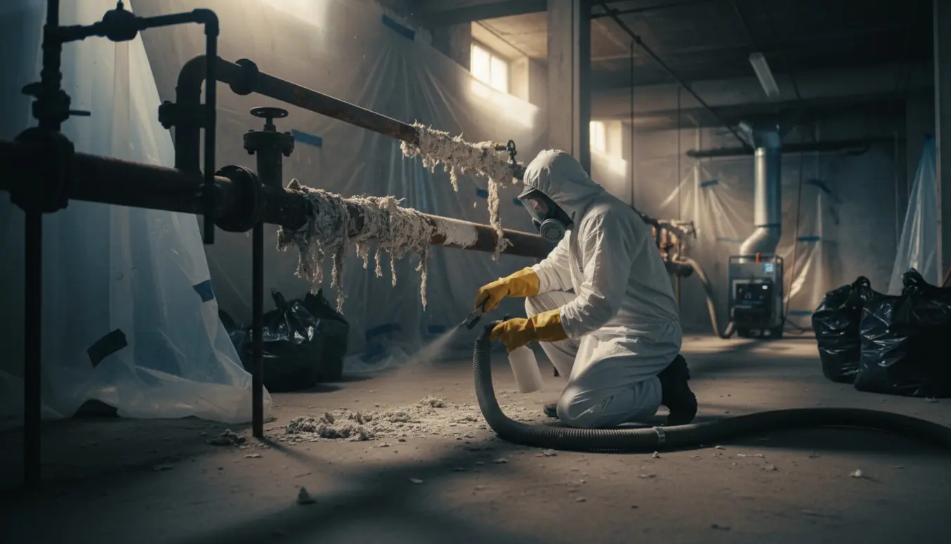 Arbejder i beskyttelsesdragt fjerner asbestisolering fra en lang varmeledning i en høj kælder og samler materialet i tætte sække.