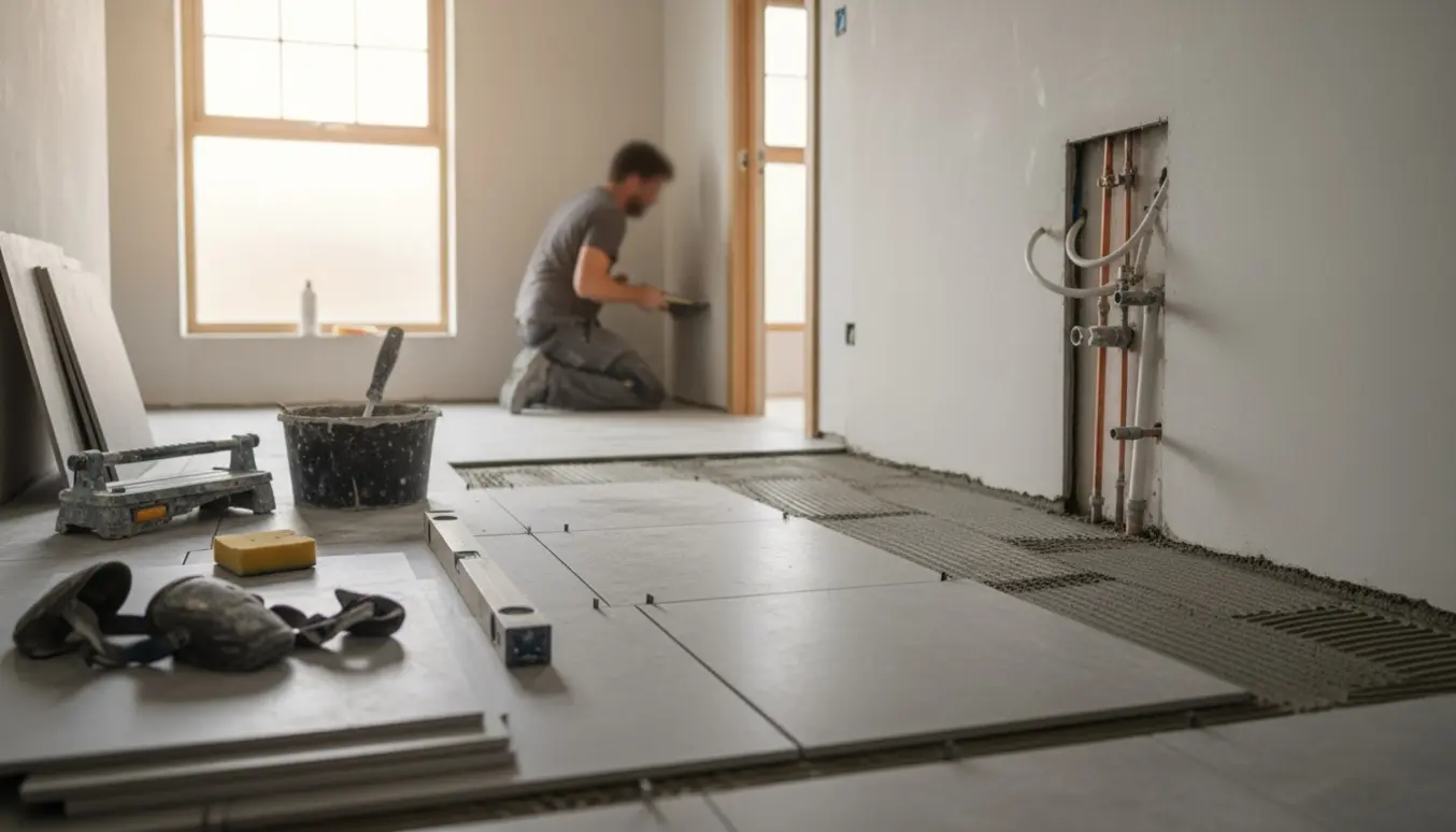 Badeværelse under renovering med pudsede vægge, dækkede rør og fliser på gulv og i brusekabine.