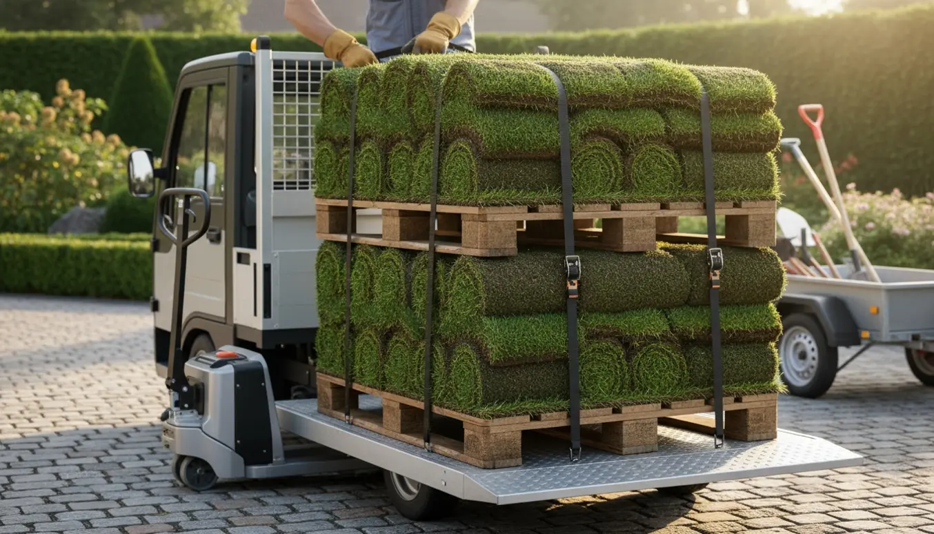 Tre paller frisk græs stablet på en lille ladbil klar til levering.