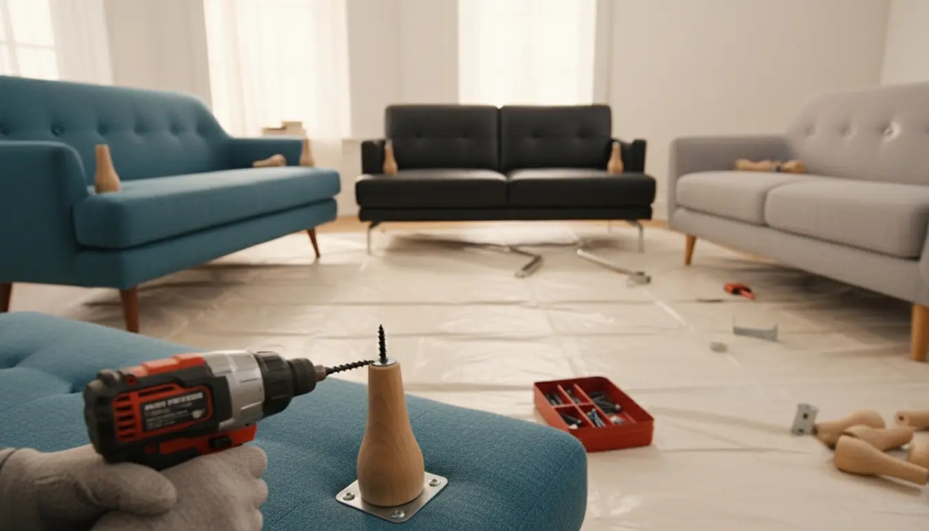 Skruepistol monterer ben på tre forskellige sofaer i en lys stue.