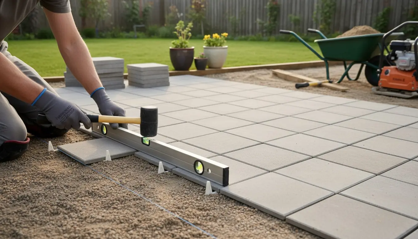 Delvist færdig terrasse på ca. 12 m² med 30×30 cm fliser og værktøj i en baghave.