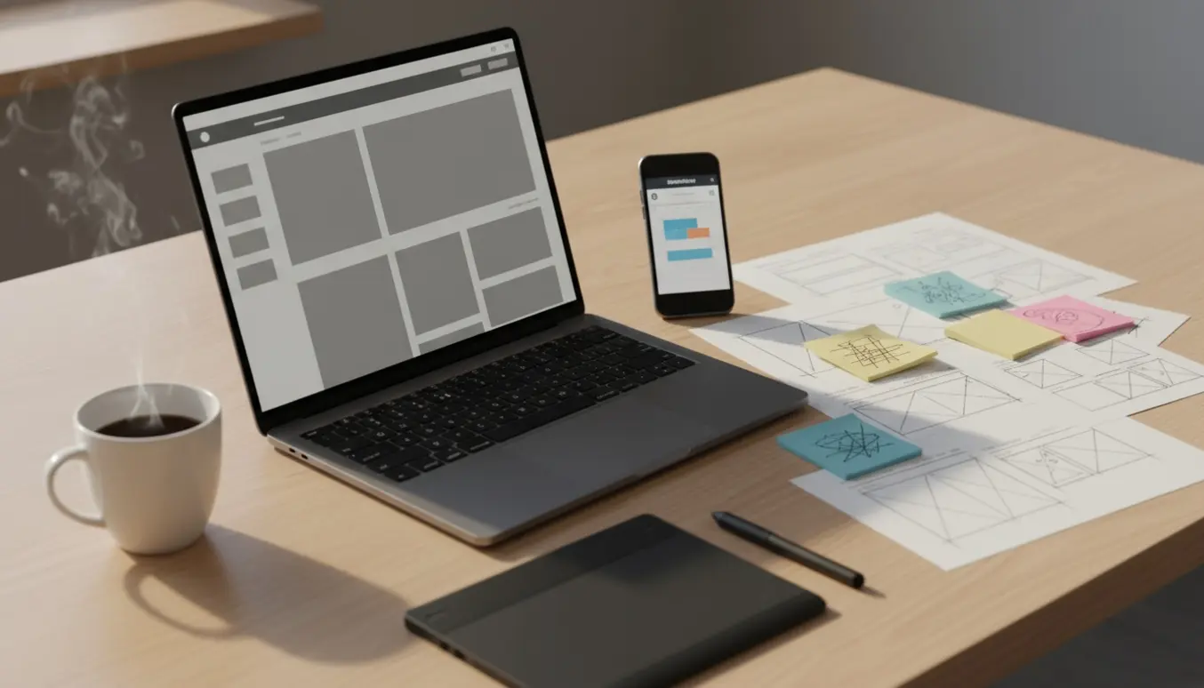 Nærbillede af et webdesign-arbejdsbord med laptop, skitser og smartphone med bookingvisning i naturligt lys.