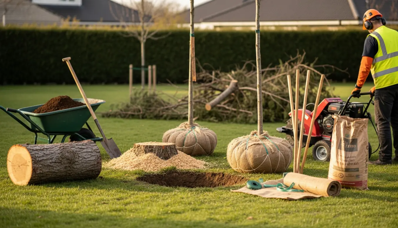 Fældet død cypres, en nylig fræset stub og to nye træer klar til plantning i en baghave.