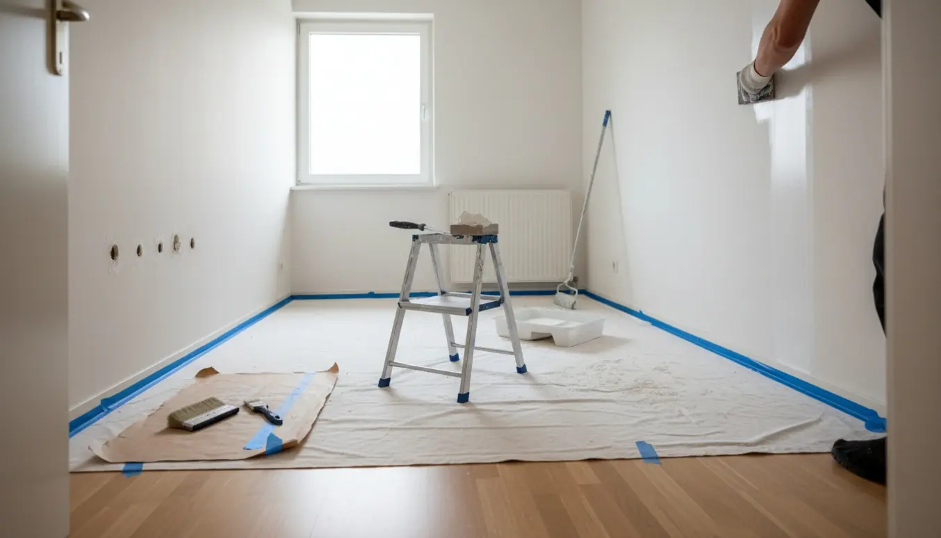 Et lille værelse under fraflytningsmaling med huller spartlet, rulle og bakke med hvid maling, malertape og afdækning.