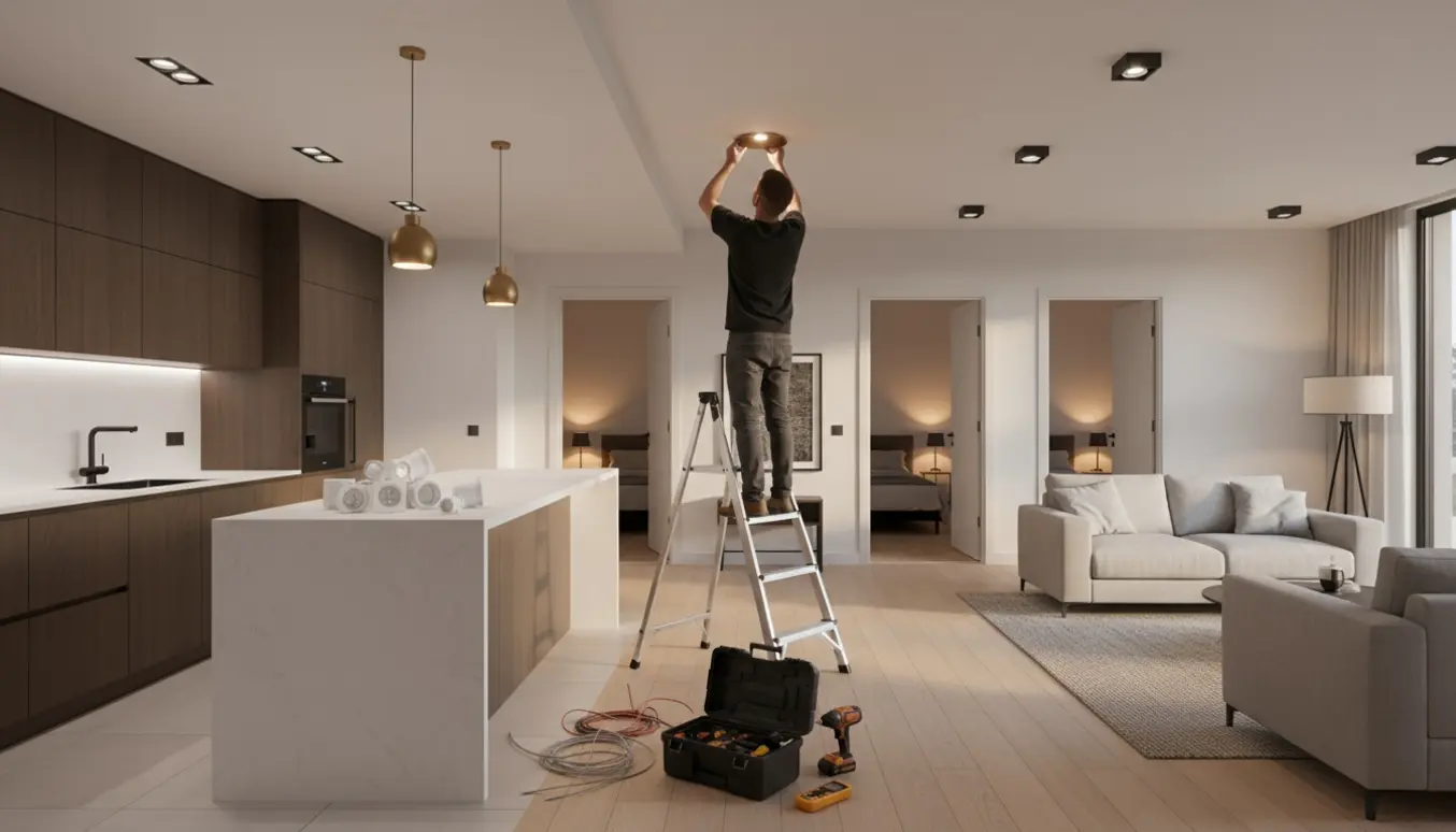 Tekniker på stige monterer loftslampe i entré med køkken, stue og tre værelser vist med tændt belysning.