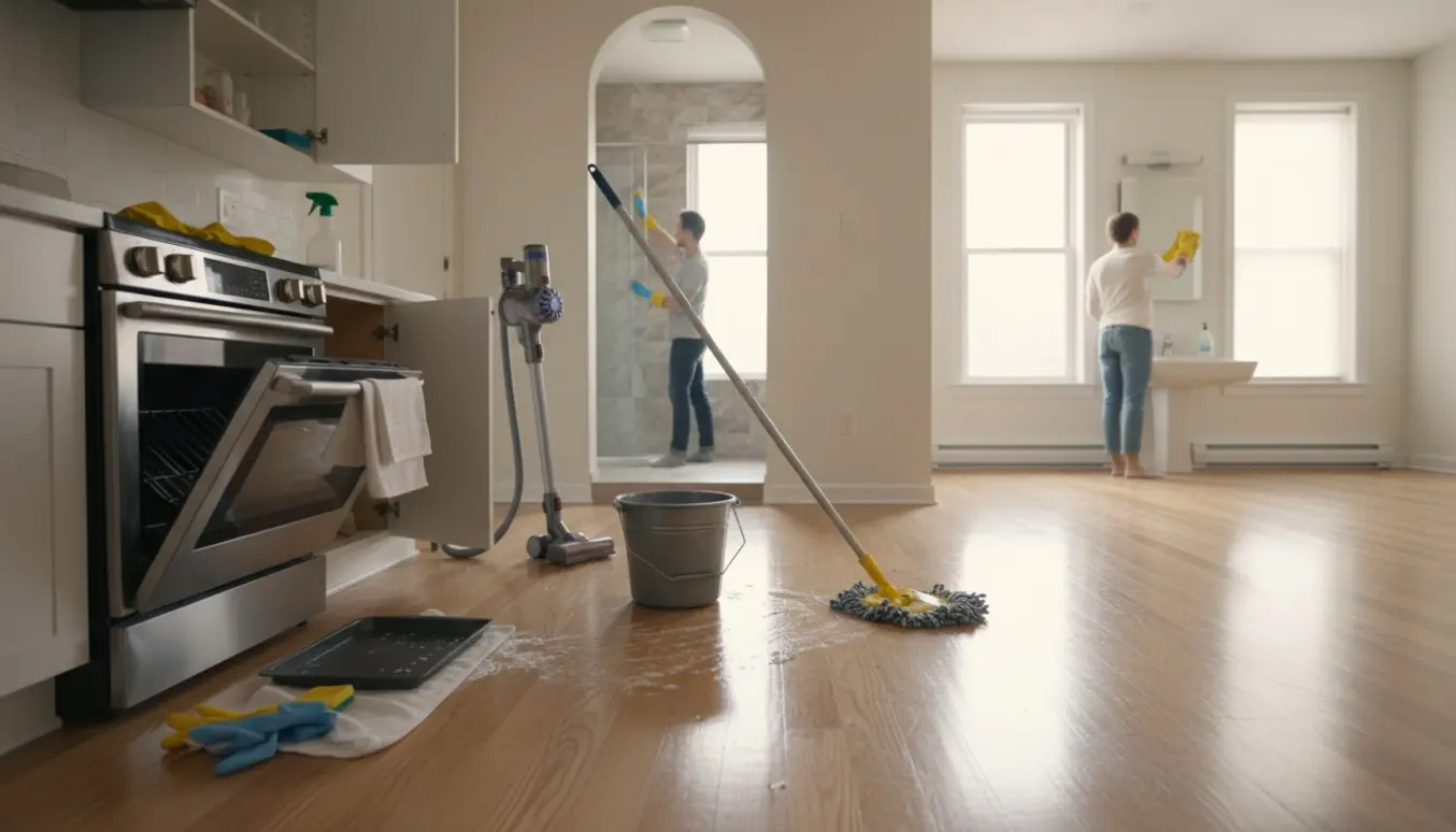 Lejlighed under fraflytningsrengøring med moppe på trægulv, åben ovn og hænder, der pudser spejl.