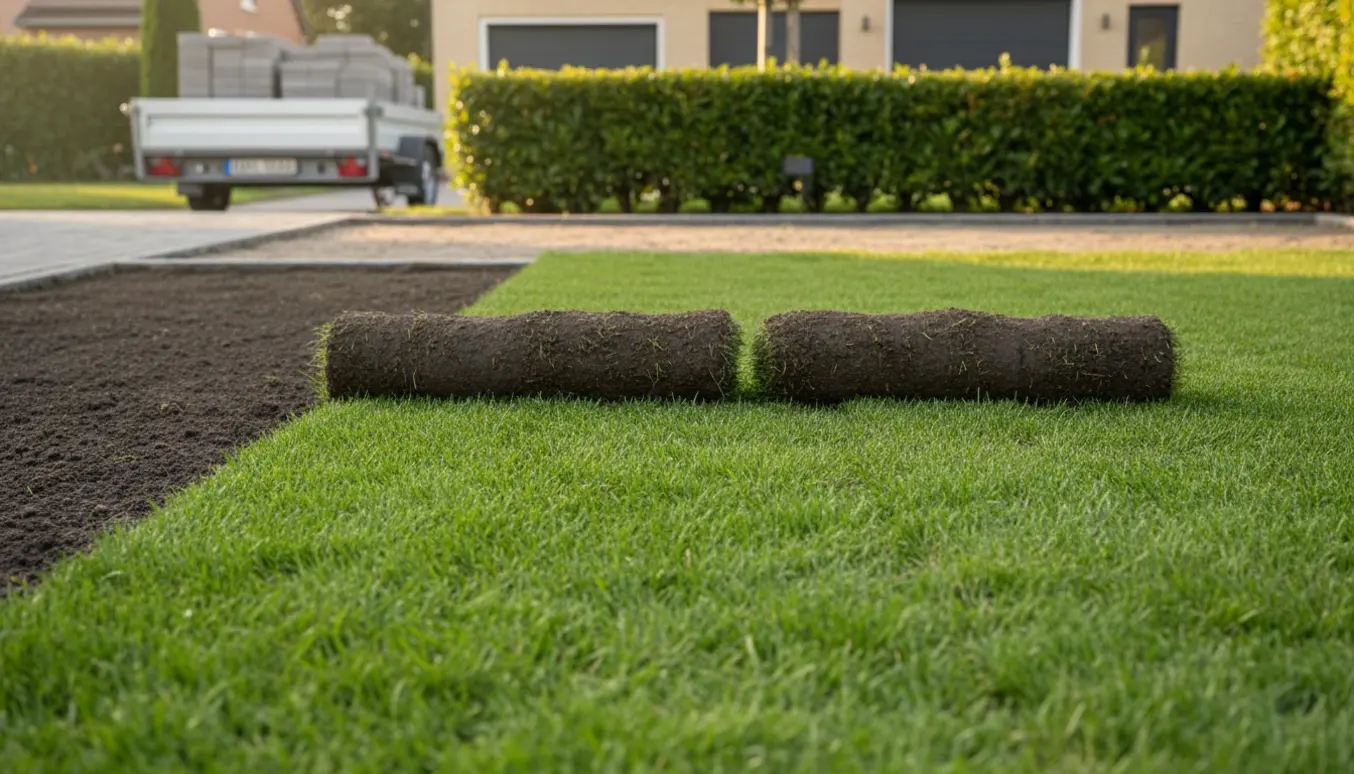Nyklippet mellemstor hæk og nylagt rullegræs i en ryddet baghave efter fjernelse af fliser og gammel græsplæne.