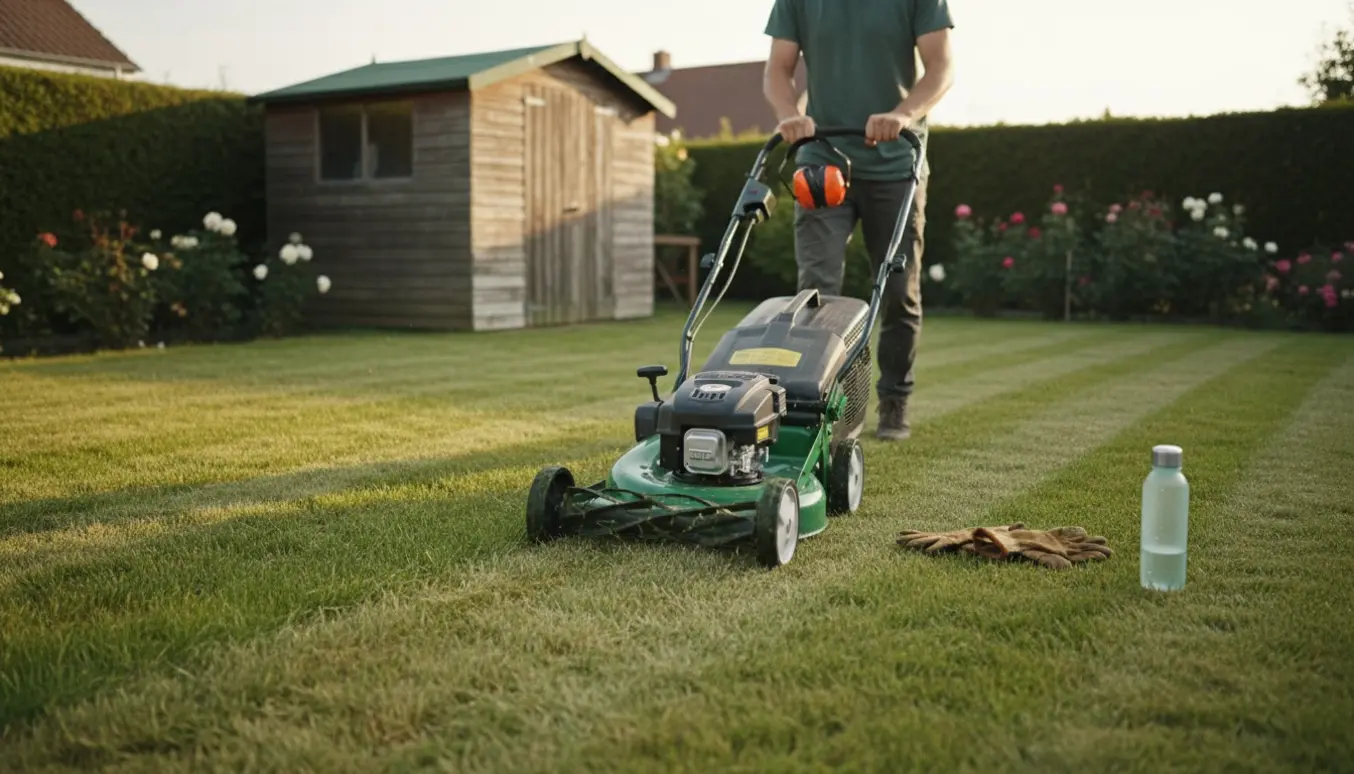 En person slår græsset med en plæneklipper, med tydelige striber af nyklippet græs.