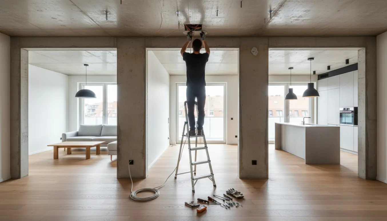 Montør på stige monterer loftlampe i betonloft med værktøj og to færdigmonterede lamper i naborum.