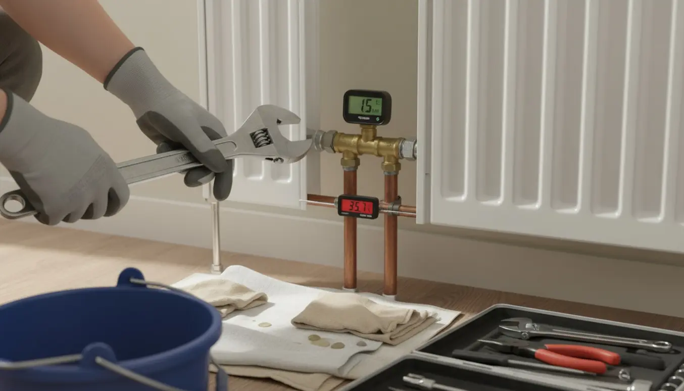 Nærbillede af hænder, der afmonterer en vægmonteret radiator med værktøj og måleudstyr i en ryddelig, let tilgængelig stue.