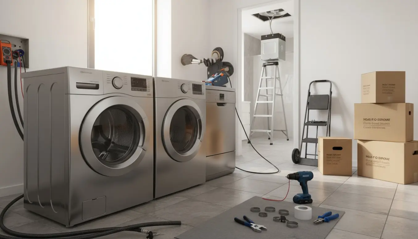 Installatør uden synligt ansigt tjekker el og tilslutter opvaskemaskine, vaskemaskine og tørretumbler i et køkken.