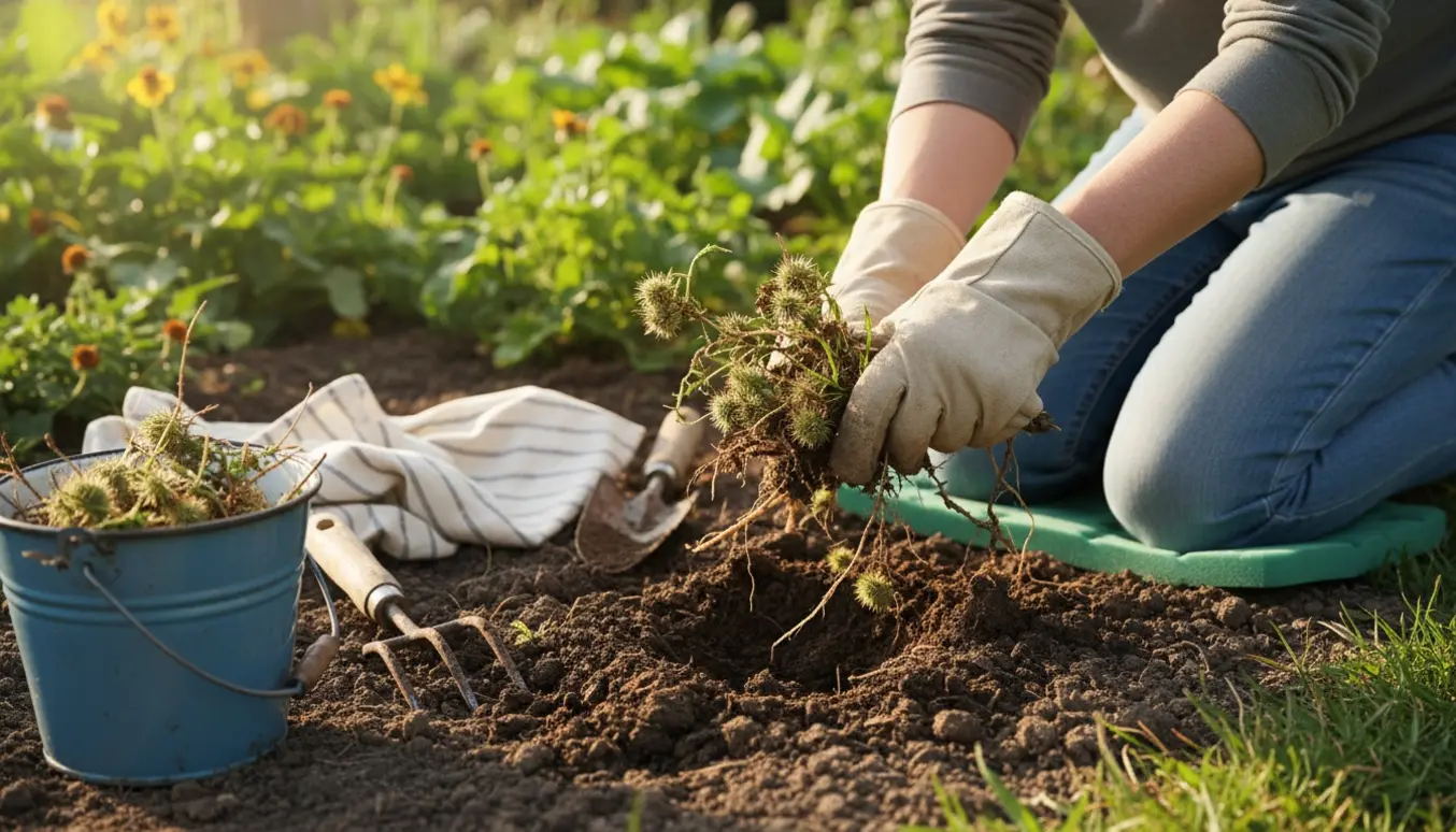 Hænder i havehandsker fjerner burrer fra et blomsterbed med en spand til de fjernede burrer.