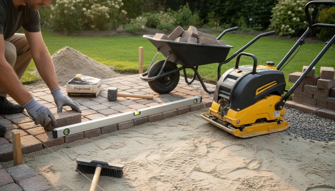 Forlængelse af herregårdsstens-terrasse i haven med sten, sand og værktøj klar til lægning.