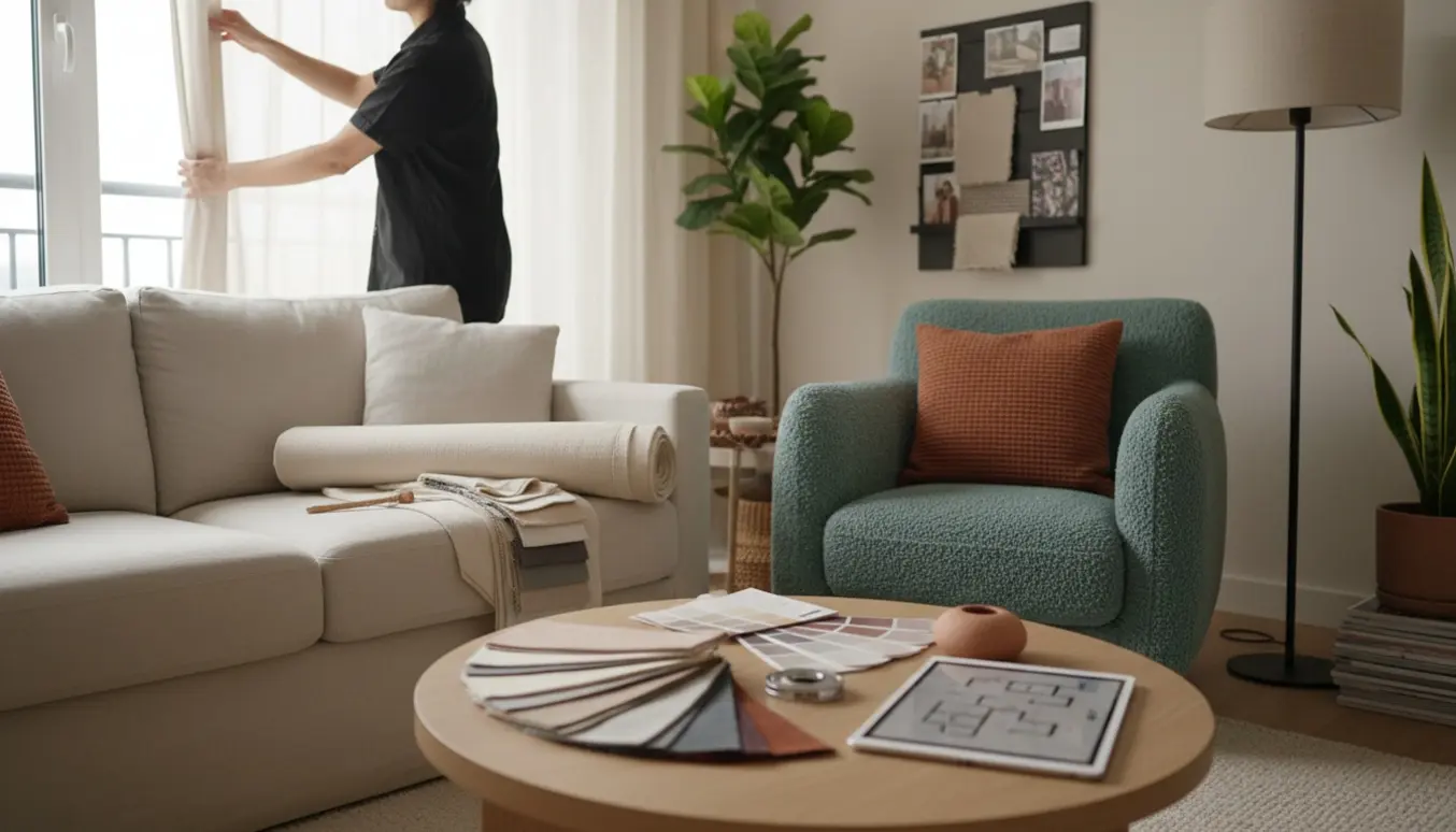 Interiørarkitekt arrangerer stof- og farveprøver i en lys, kompakt toværelses lejlighed.