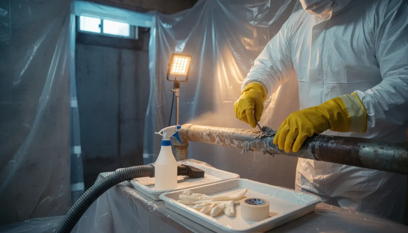 Arbejder i beskyttelsesdragt fjerner asbestisolering fra varmerør i en kælder.