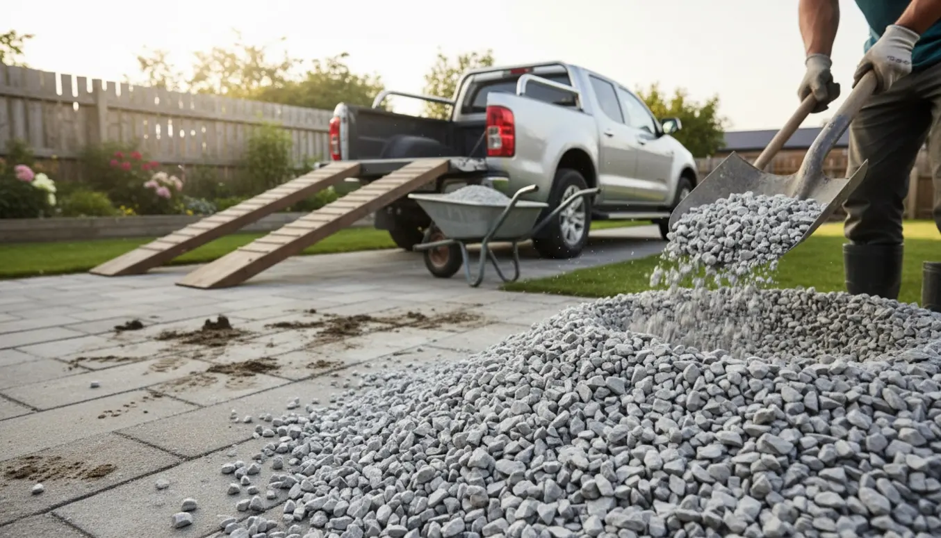 Trillebør fyldt med stabilgrus i en have, med handsker på hænder, klar til at blive kørt væk.