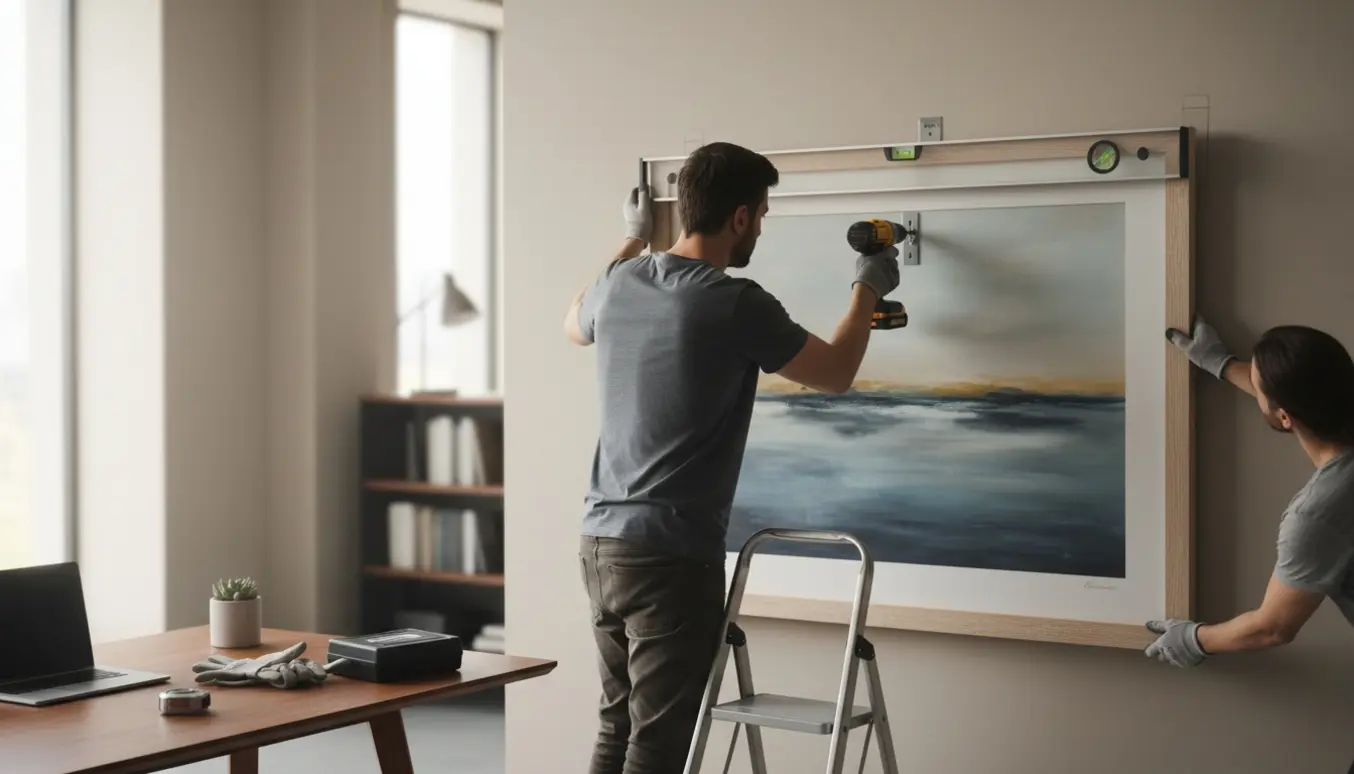 Stor A0-ramme opsættes på en kontorvæg, hænder retter den med vaterpas mens en boremaskine monterer beslag.