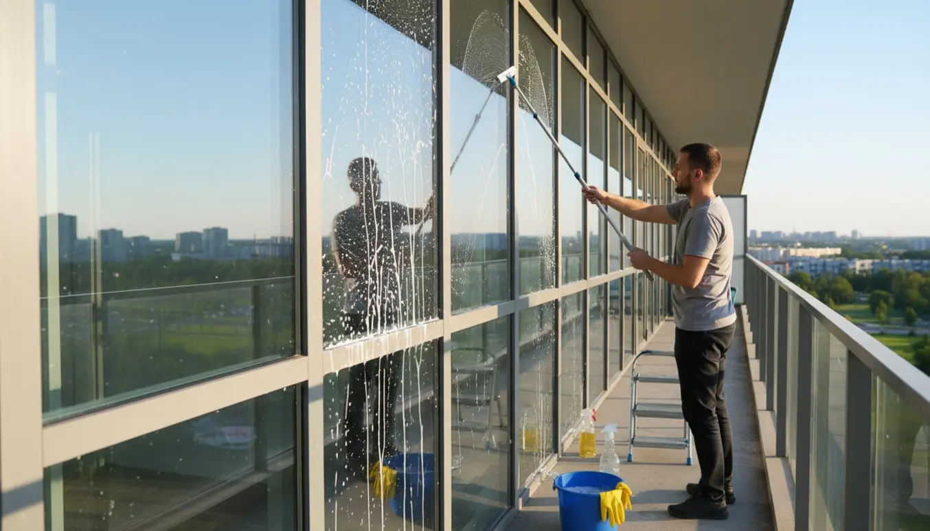 Hænder pudser store vinduer og altanglas med gummiskraber, spand og klud i blødt dagslys.