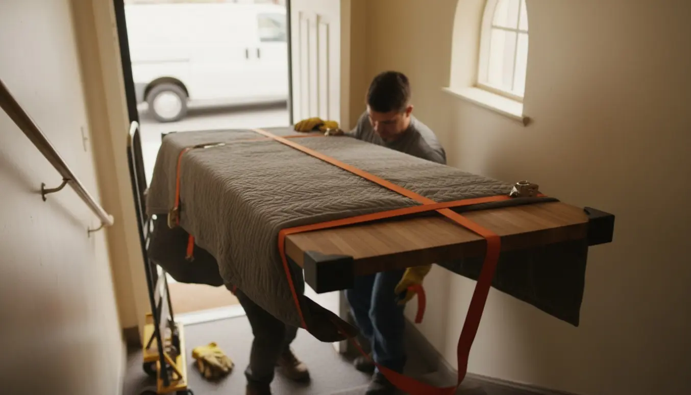 To flyttefolk bærer en lang bordplade indpakket i flyttetæpper ned ad en trappe mod en varevogn.