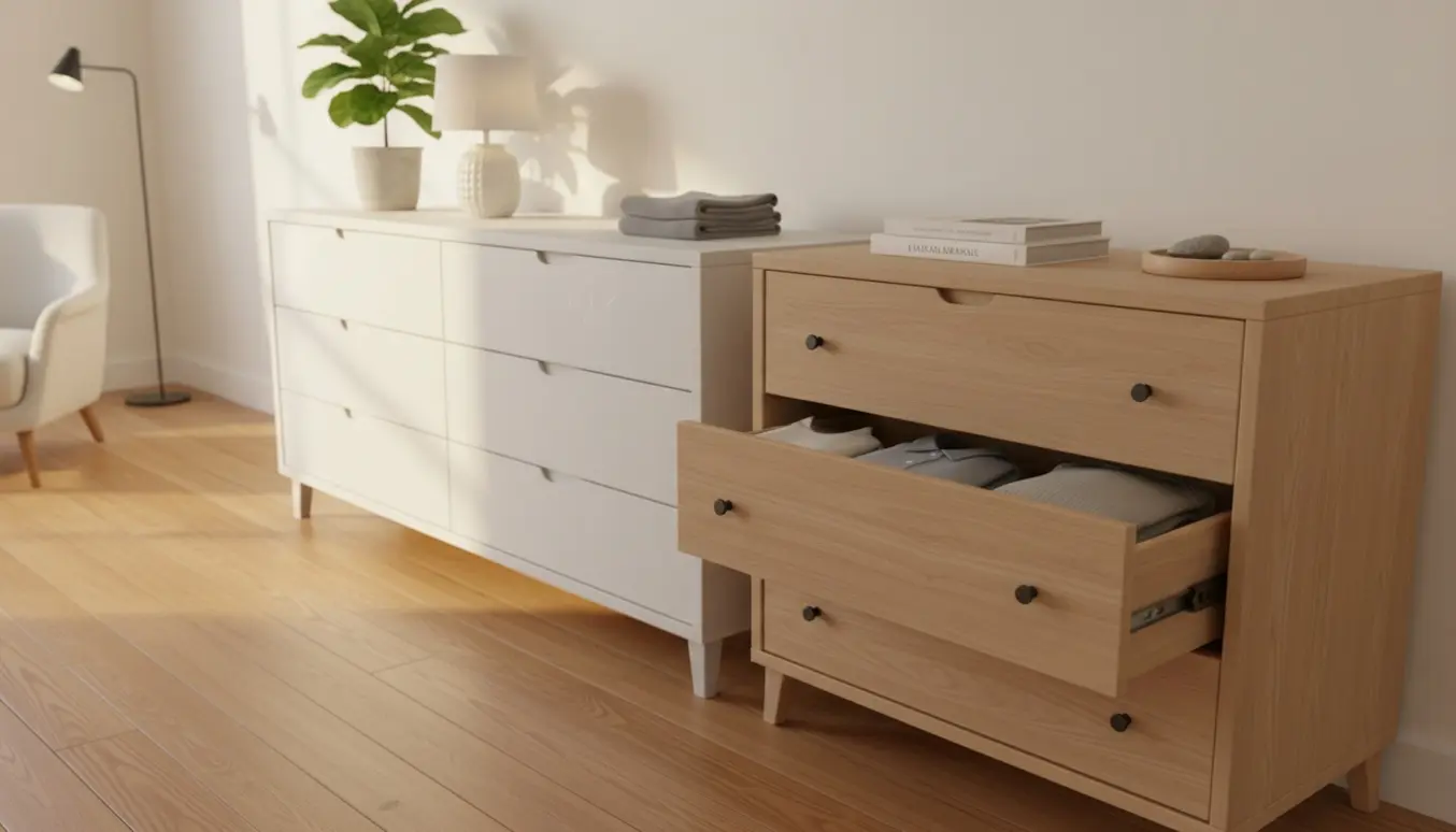 To skandinaviske kommoder i et lyst, minimalistisk rum med planter og en åben skuffe.