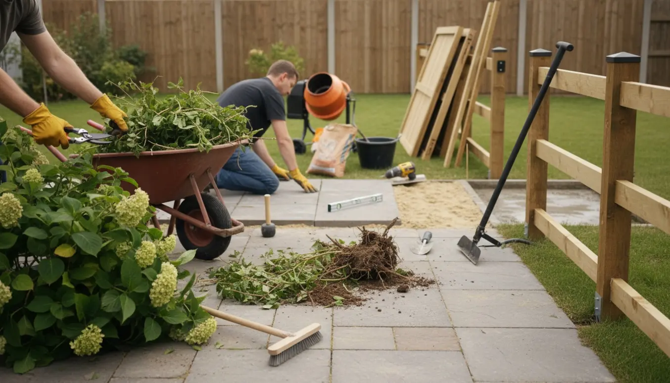 Hænder og værktøj i en baghave under oprydning med klipning, fjernelse af ukrudt, lægning af fliser og opsætning af hegn.