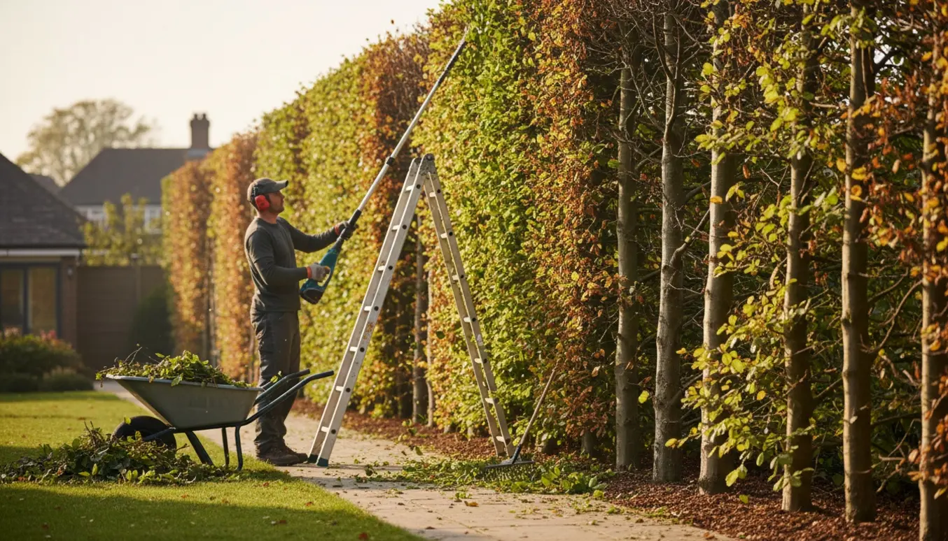 En person trimmer en høj bøgehæk i en velplejet have med bunker af friske afklip ved siden af.