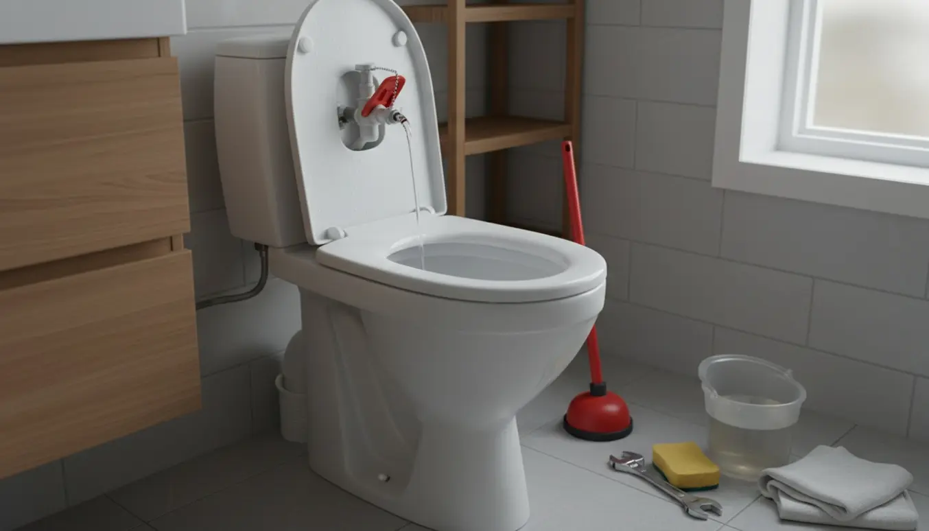 Åbent fritstående toilet med blottet cistern og svagt løbende vand, værktøj og handsker i et lyst badeværelse på Amager.