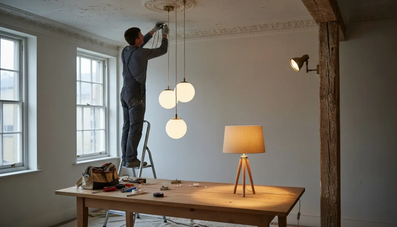 Håndværker på stige monterer kuglelampe i gammel lejlighed med spisebordslampe og værktøj.