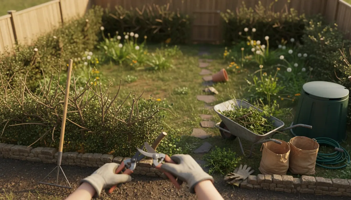 Lille overgroet have med handsker og beskæresak, trillebør med afklip og ujævn græsplæne.