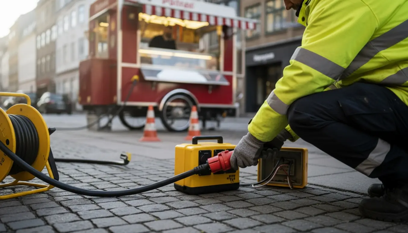 En tekniker tilslutter et rødt industrikraftstik til en pølsevogn med kabelrulle på fortovet.