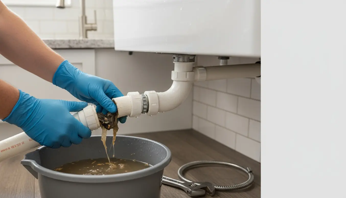 Nærbillede af hænder i gummihandsker, der fjerner P-fælde under en køkkenvask med skruenøgle og spand.