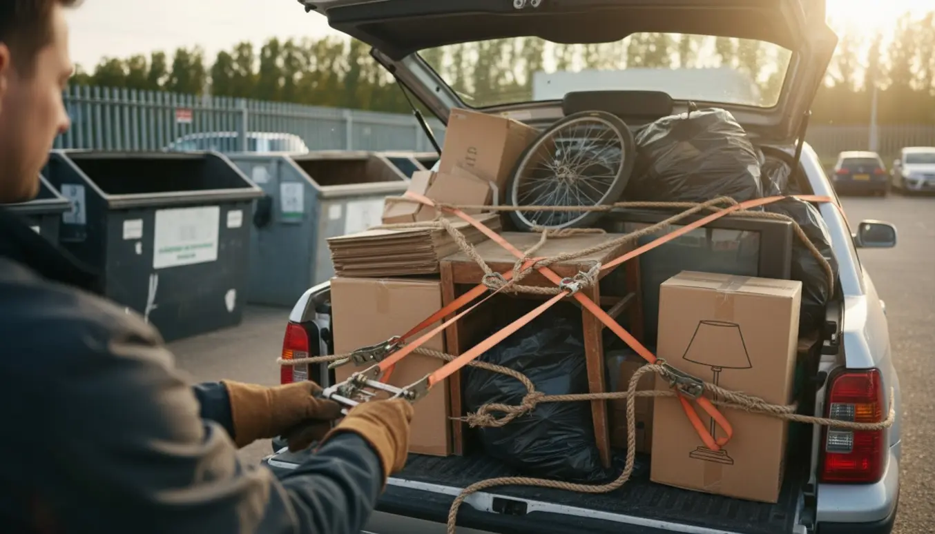 En chauffør spænder et varieret læs i bagagerummet ved en genbrugsplads.