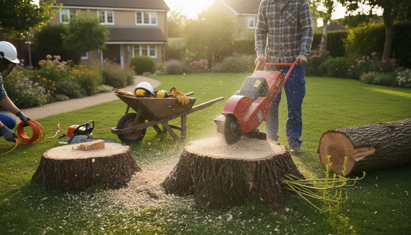 Have med en fældet pilebusk, to store stubbe og en stubfræser, der laver flis.