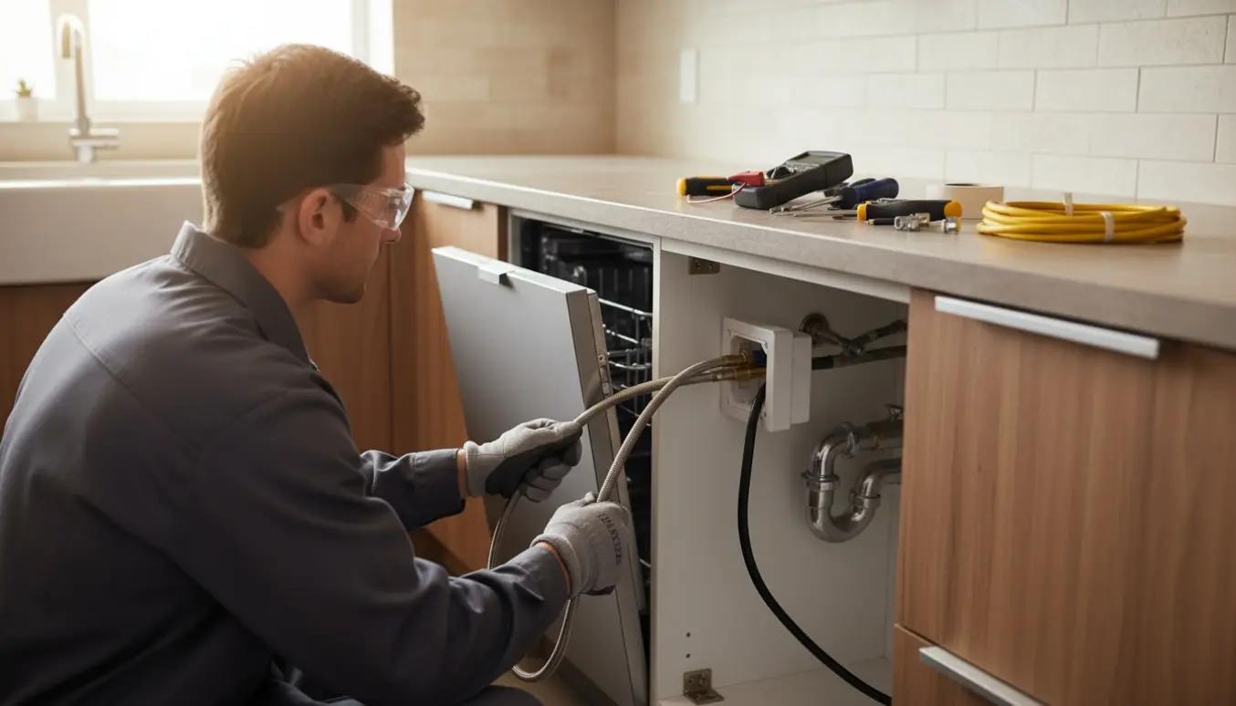 En tekniker tilslutter vand og strøm til en indbygget opvaskemaskine under køkkenbordet.