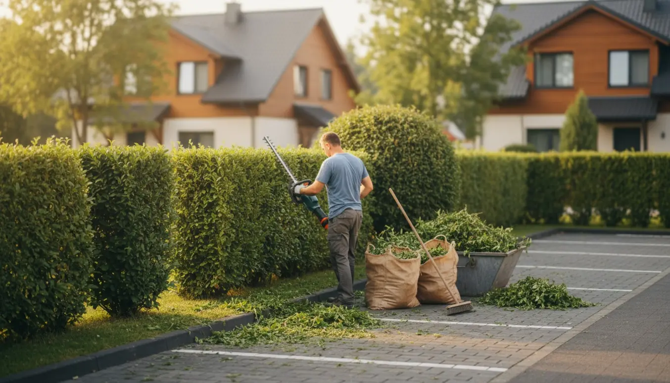 En lille have ved indkørsel, hvor en person trimmer hæk med affaldssække og en kost i baggrunden.