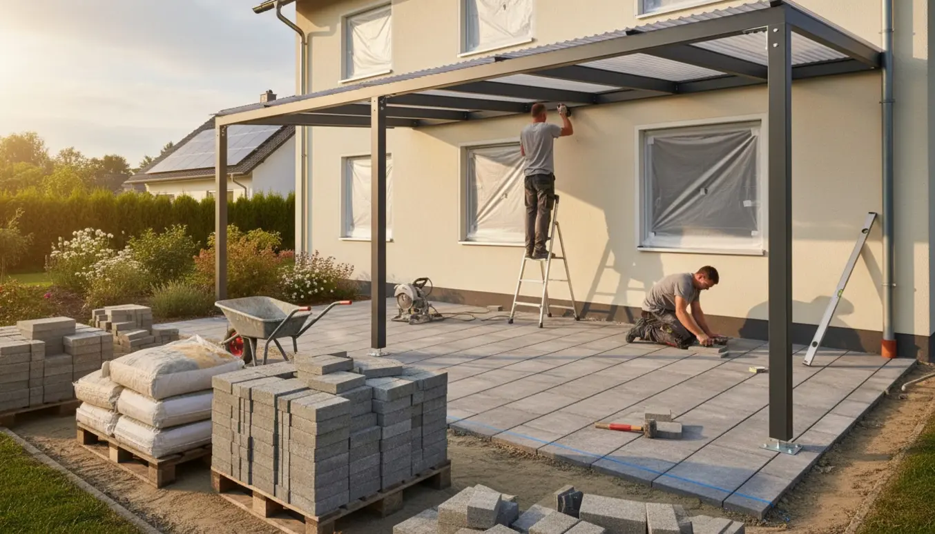 Delvist monteret terrasseoverdækning og fliser langs husmuren i blødt efterårslys.