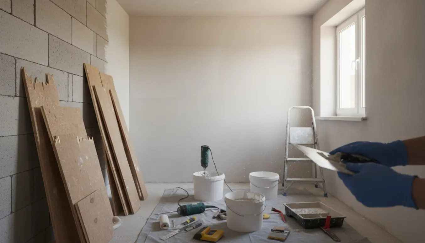 Pulterrum på 16 m2 under ombygning med fjernede trævægge, synligt gasbeton og spartling klar til maling.