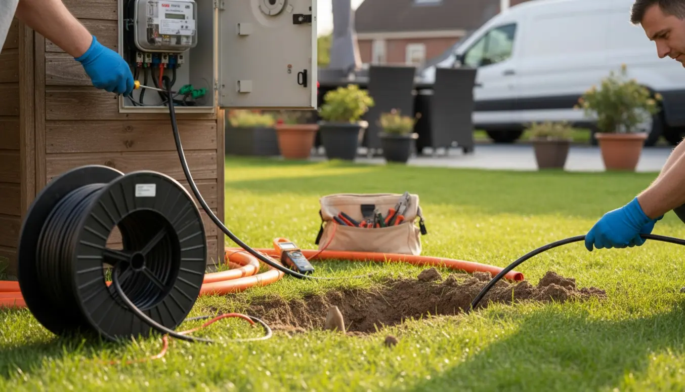 Nærbillede af hands-on elarbejde i have med åben N1-elboks, gravet grøft og kabeltromle.