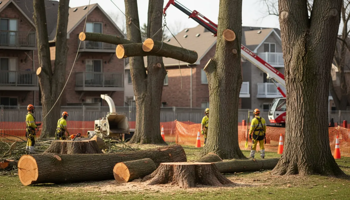 Arborister fælder seks store træer tæt på bebyggelse med stammer, flis og sikkerhedsudstyr i fokus.