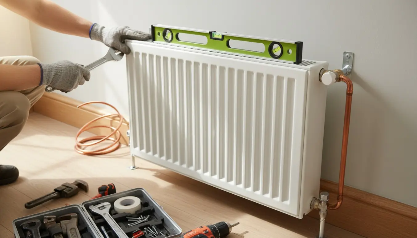 En radiator bliver genmonteret på en væg, mens hænder spænder ventilen med en skruenøgle.