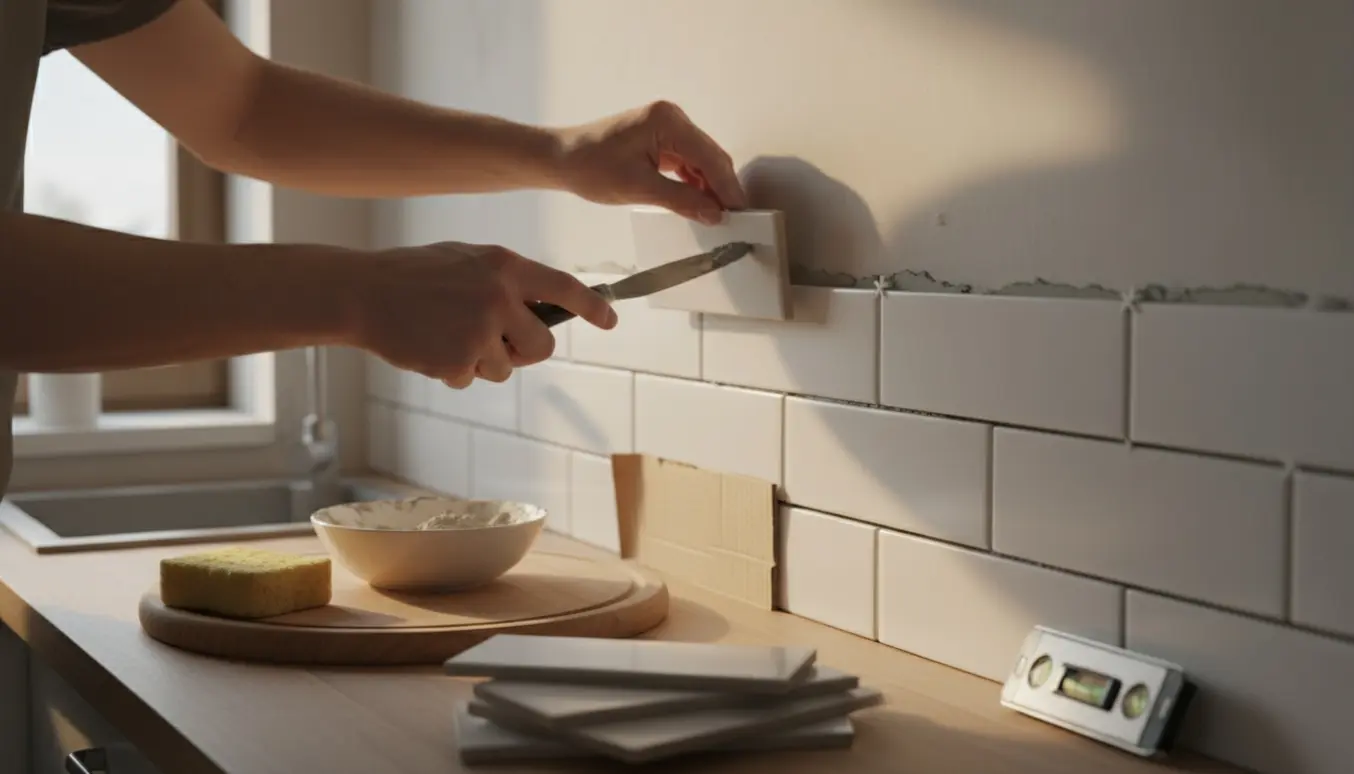 Hænder monterer køkkenfliser på en lille vægflade med fliser, improviserede værktøjer og en fugtig svamp på bordet.